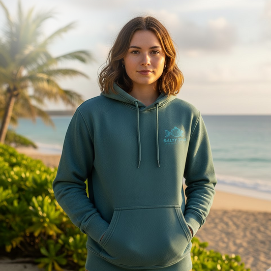 Woman wearing a jade Salty DNA vintage hoodie by the ocean