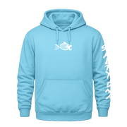 Light blue Salty DNA summer lettered sleeve hoodie with white logo, front view