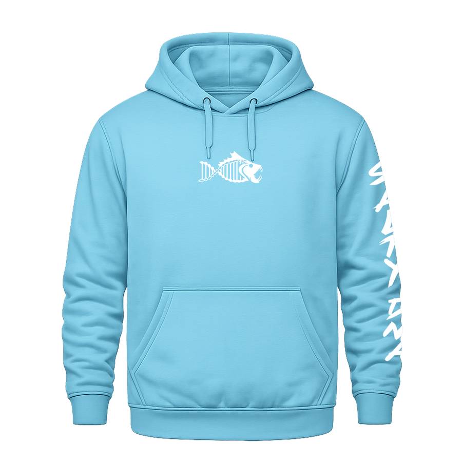 Light blue Salty DNA summer lettered sleeve hoodie with white logo, front view
