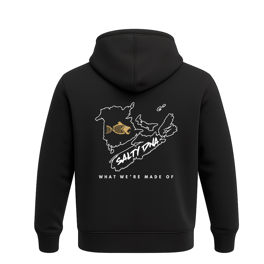 Back of black Salty DNA Maritime Provinces Map hoodie with white map artwork, gold fish logo and What We're Made Of lettering
