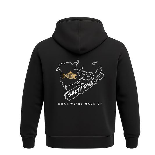 Back of black Salty DNA Maritime Provinces Map hoodie with white map artwork, gold fish logo and What We're Made Of lettering