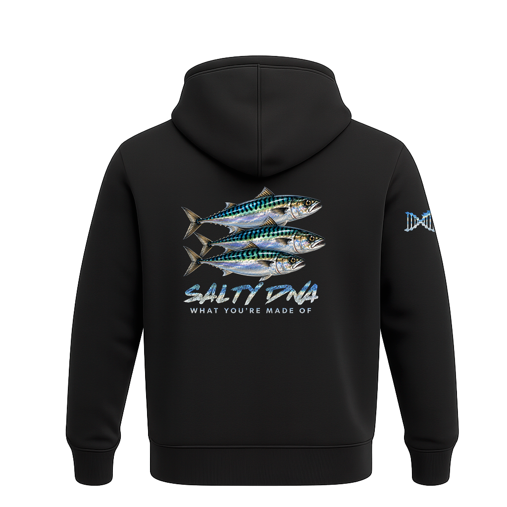 Back of black Salty Species Atlantic Mackerel hoodie with Atlantic mackerel artwork and Salty DNA lettering