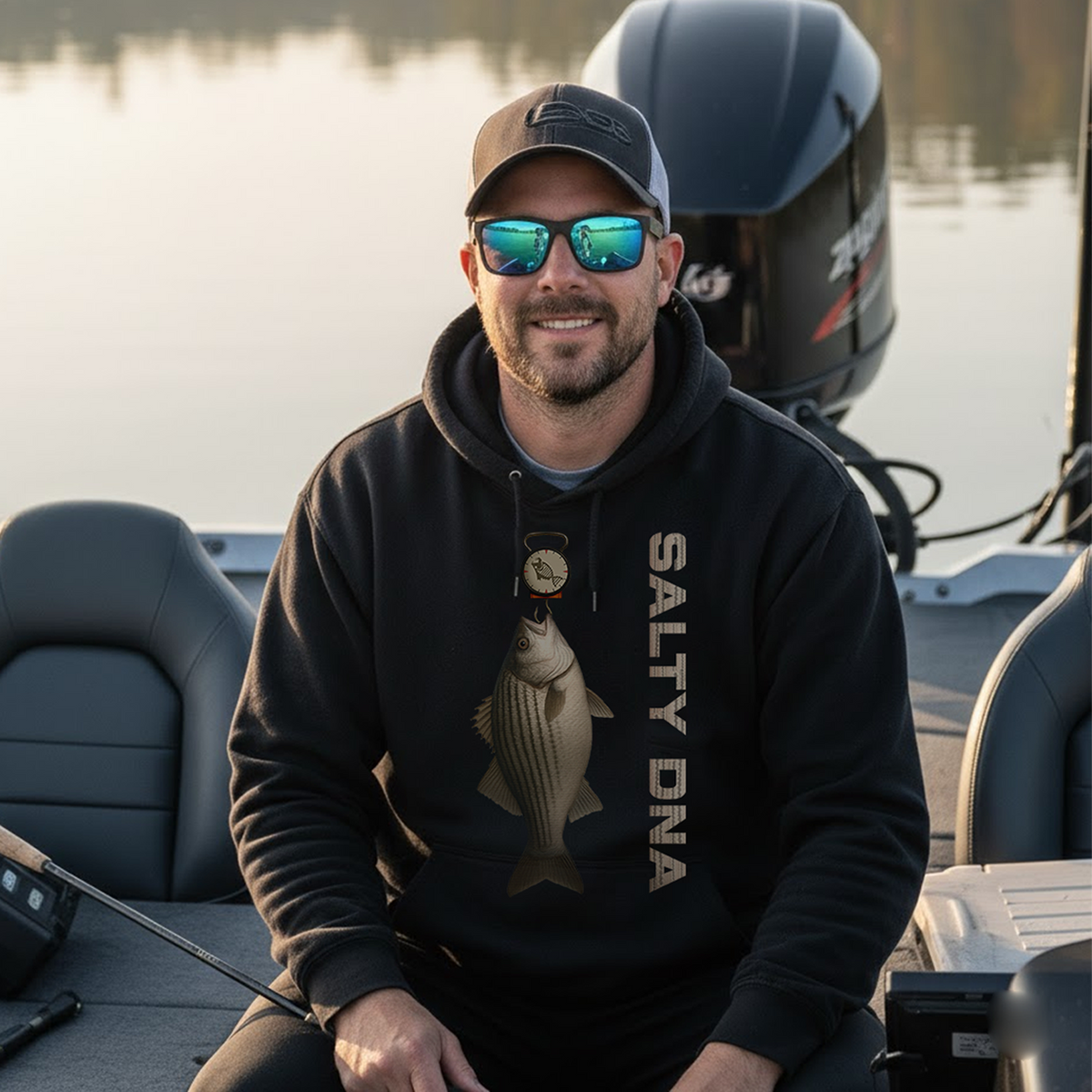 A man wearing Salty Species Bass hoodie