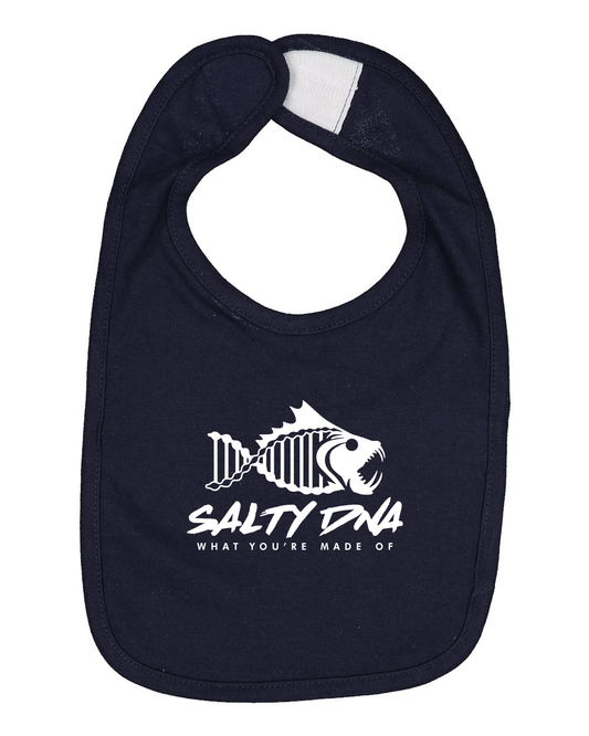 Navy blue bib with white fish skeleton and text design on a white background