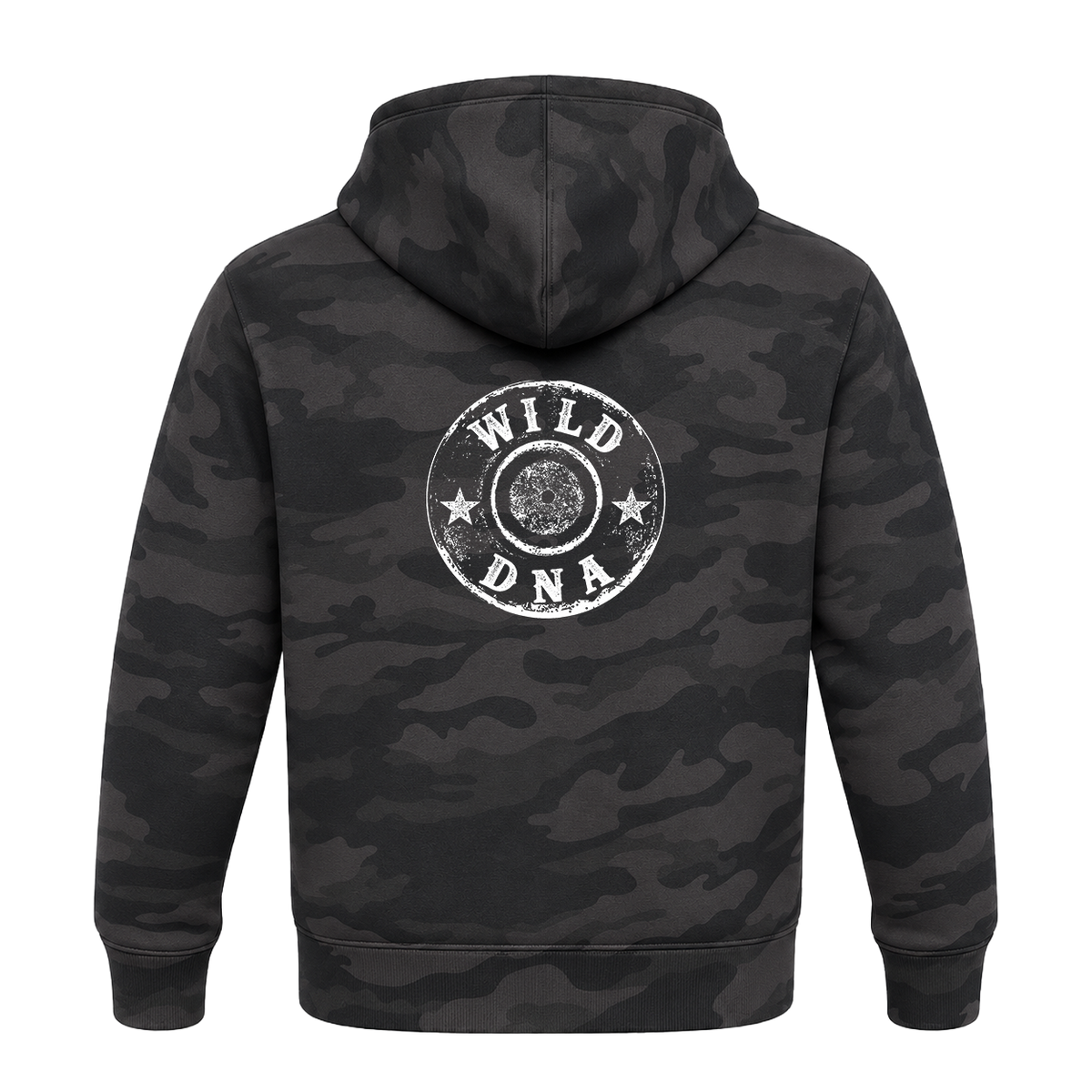 Back of Black Camo Wild DNA hoodie with large white circular emblem