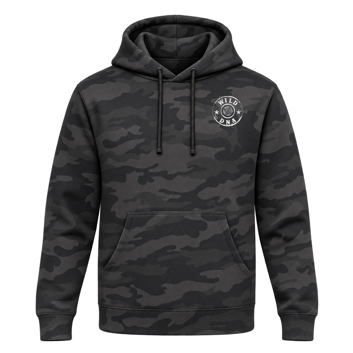 Front of Black Camo Wild DNA hoodie with small white chest emblem