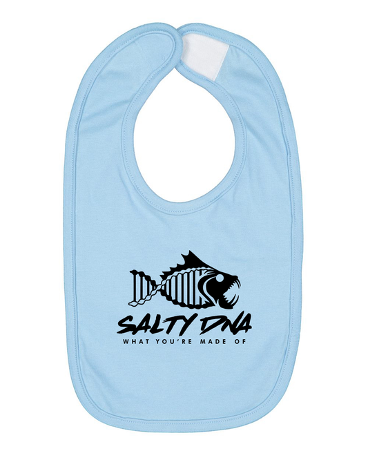 Light blue baby bib with black fish graphic and text on a white background