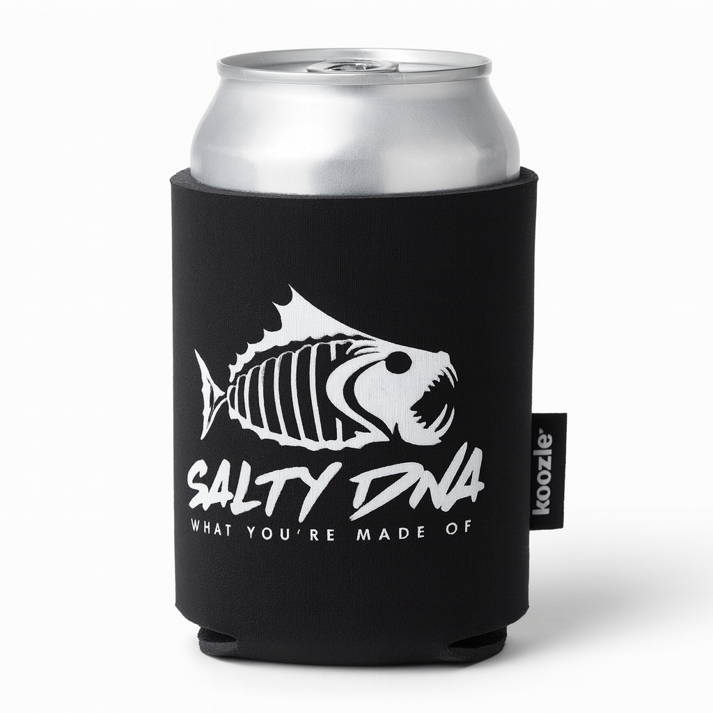 Black can cooler with fish design and 'Salty DNA' text on a white background