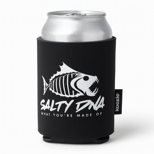 Black can cooler with fish design and 'Salty DNA' text on a white background