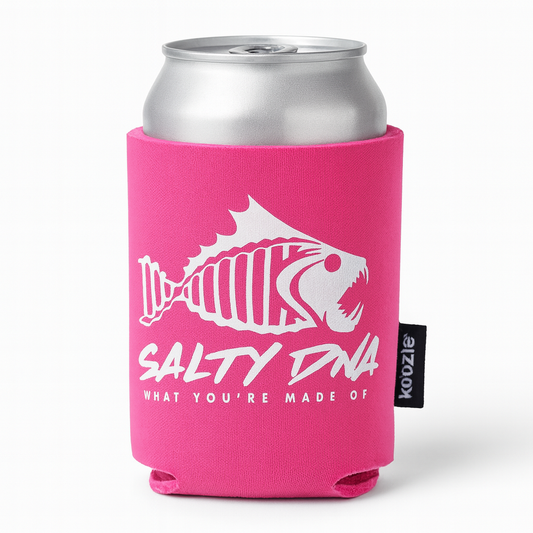 Pink can cooler with fish design and 'Salty DNA' text on a white background