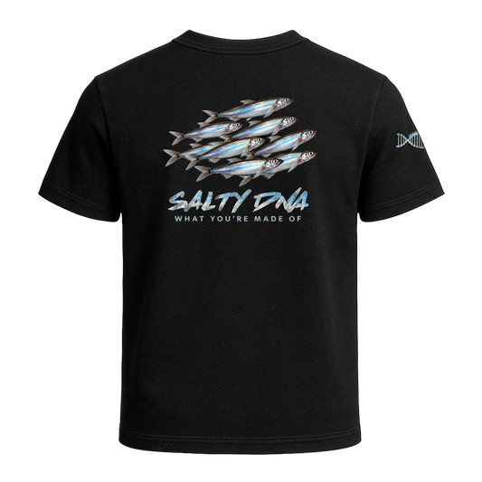 Back of black Salty Species Capelin T-shirt with capelin artwork and Salty DNA lettering