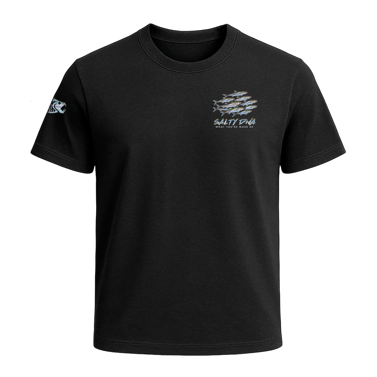 Front of black Salty Species Capelin T-shirt with small chest graphic