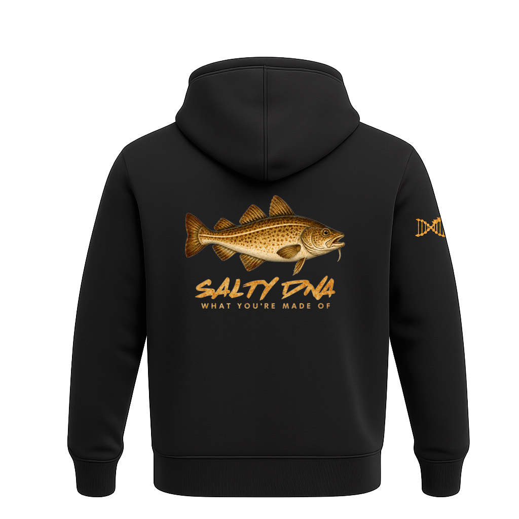 Back of black Salty Species Cod hoodie with Atlantic cod artwork and Salty DNA lettering