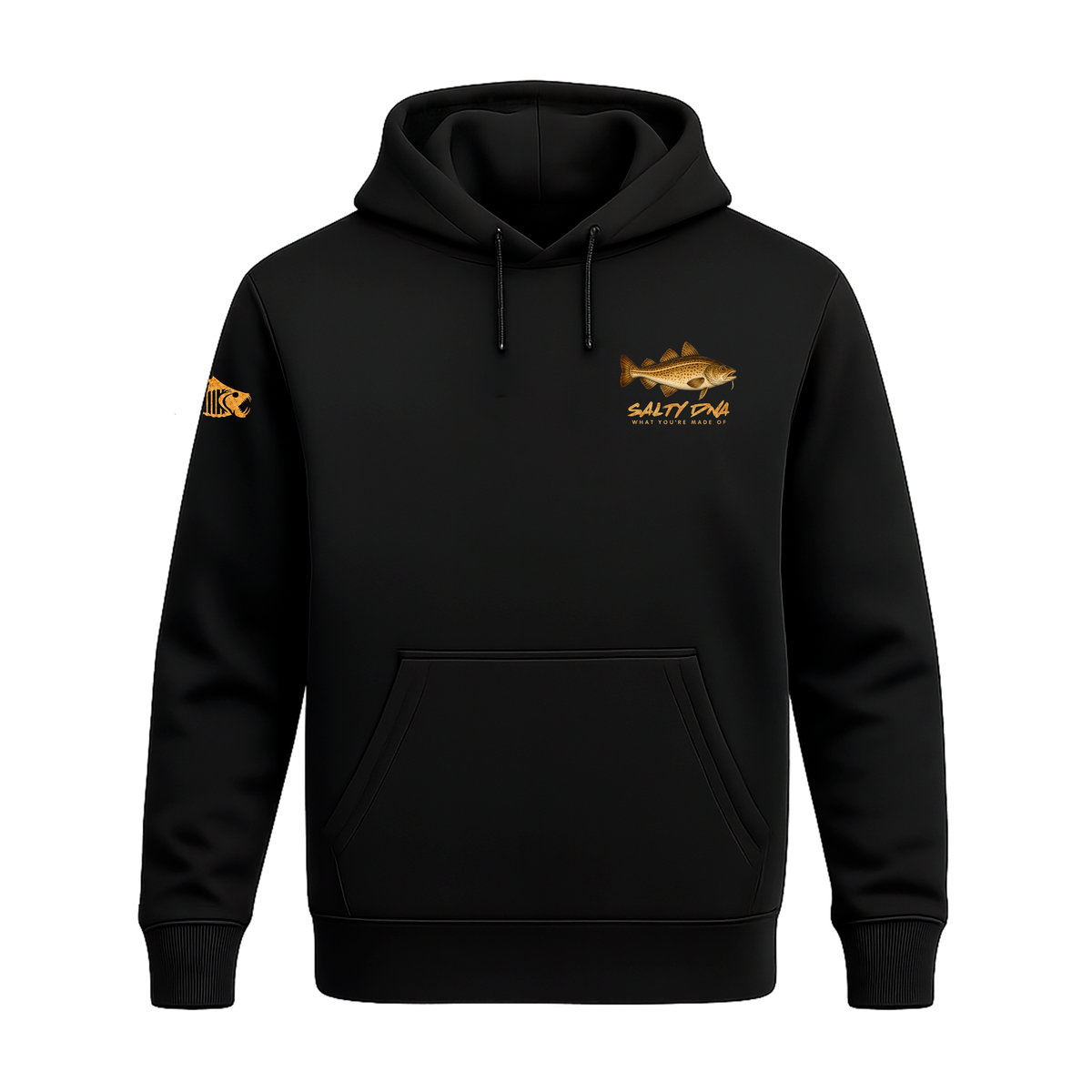 Front of black Salty Species Cod hoodie with small chest graphic