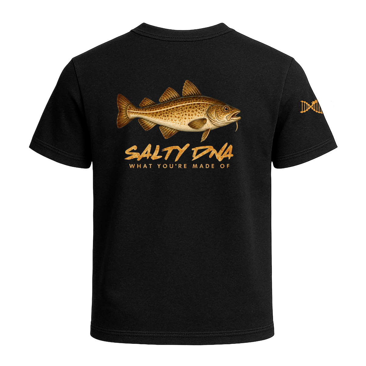 Back of black Salty Species Cod T-shirt with Atlantic cod artwork and Salty DNA lettering