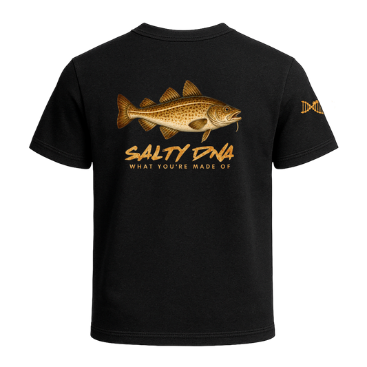 Back of black Salty Species Cod T-shirt with Atlantic cod artwork and Salty DNA lettering