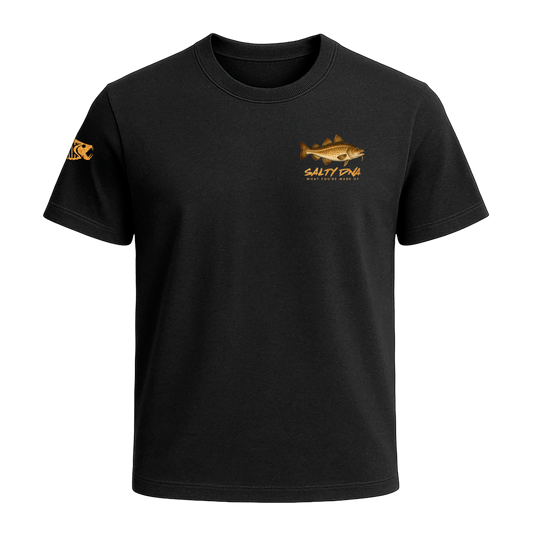 Front of black Salty Species Cod T-shirt with small chest graphic