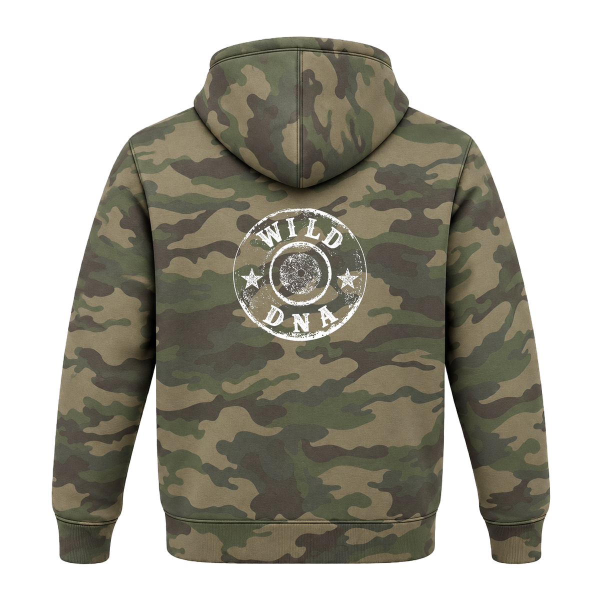 Back of Forest Camo Wild DNA hoodie with large white circular emblem