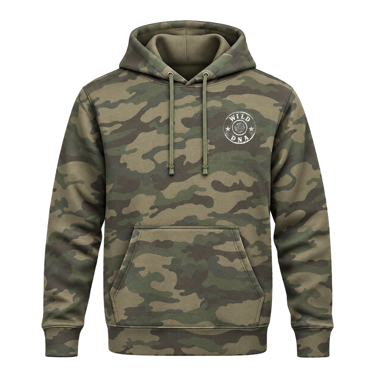 Front of Forest Camo Wild DNA hoodie with small white chest emblem