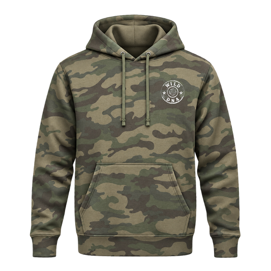 Front of Forest Camo Wild DNA hoodie with small white chest emblem