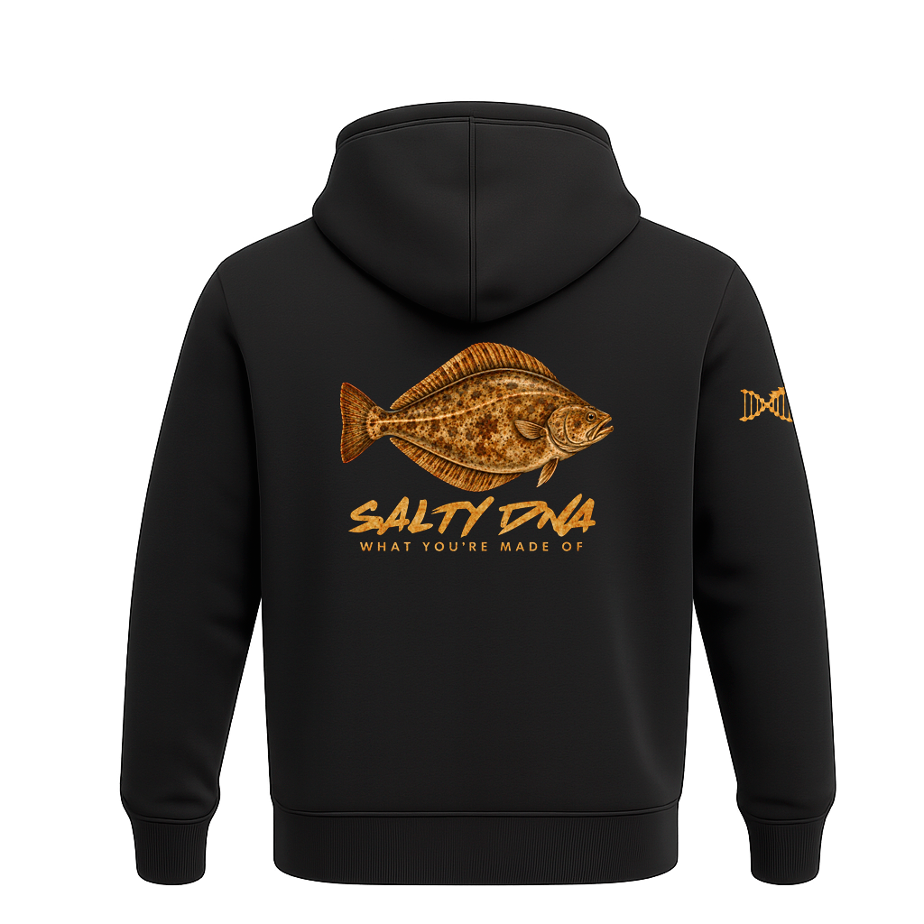 Back of black Salty Species Halibut hoodie with halibut artwork and Salty DNA lettering