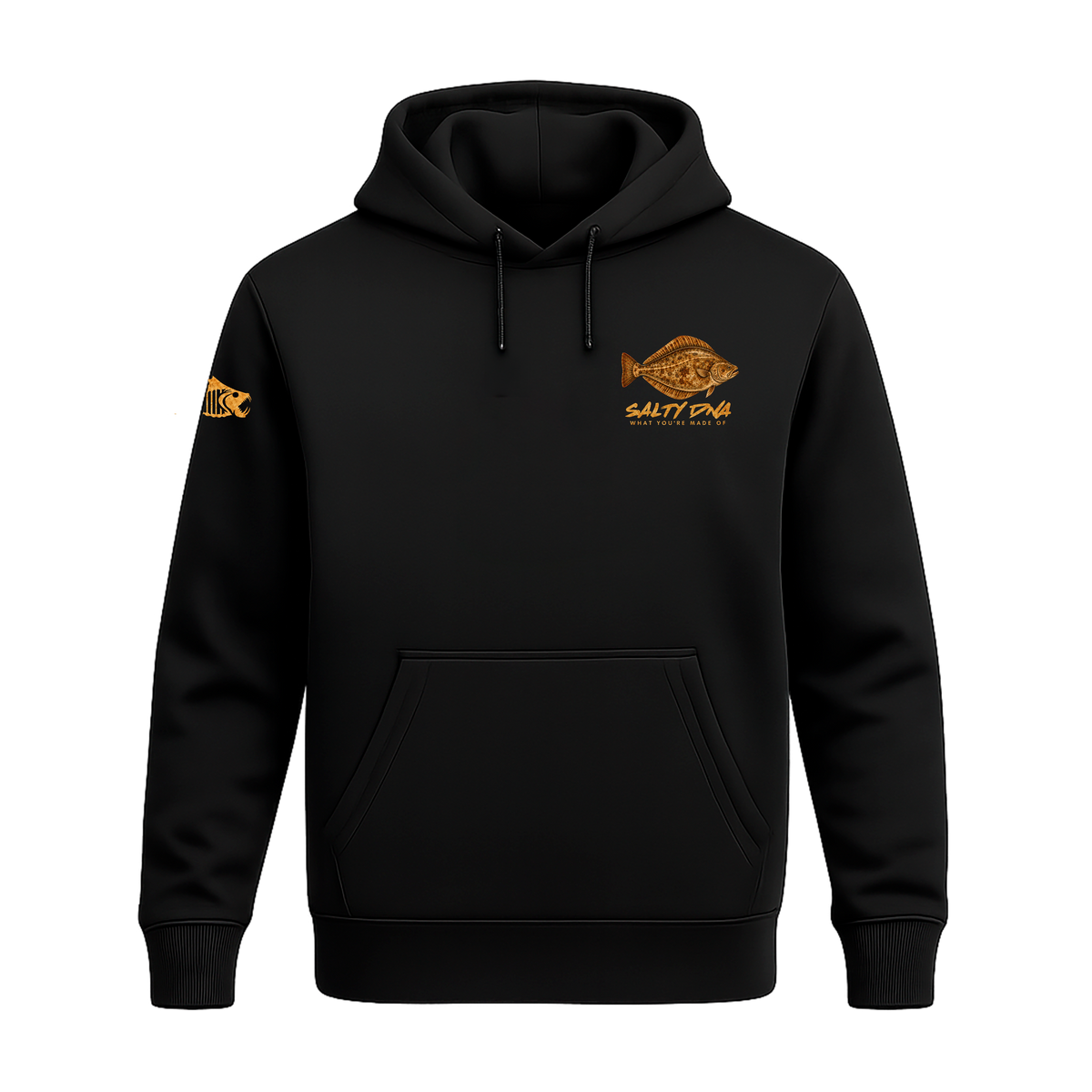 Front of black Salty Species Halibut hoodie with small chest graphic