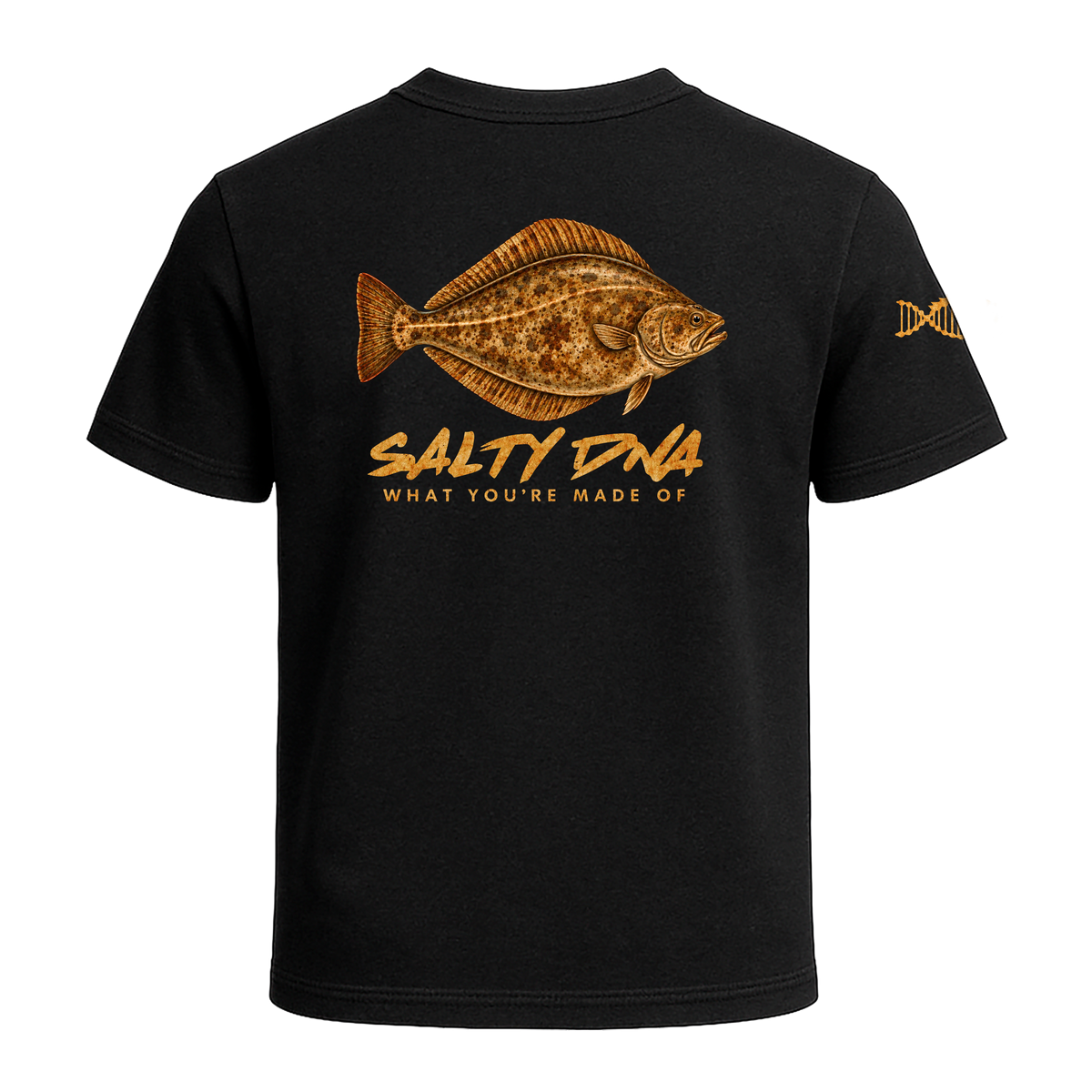 Back of black Salty Species Halibut T-shirt with halibut artwork and Salty DNA lettering