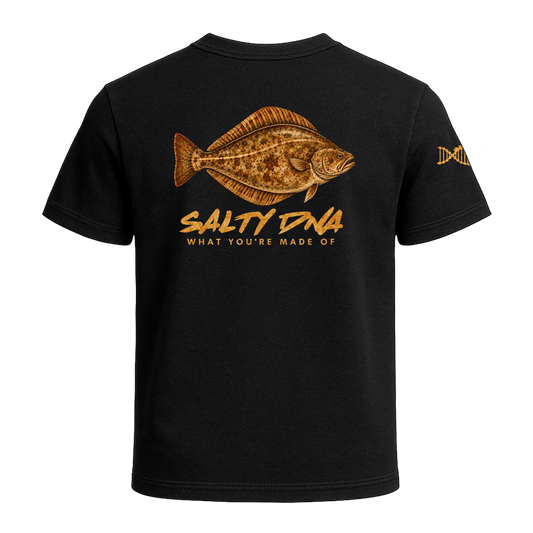 Back of black Salty Species Halibut T-shirt with halibut artwork and Salty DNA lettering