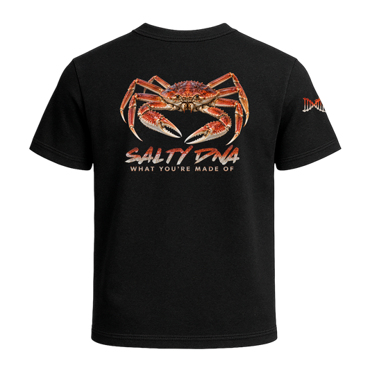 Back of the black Salty Species Snow Crab T-Shirt with a large orange crab, Salty DNA lettering and matching sleeve logo.