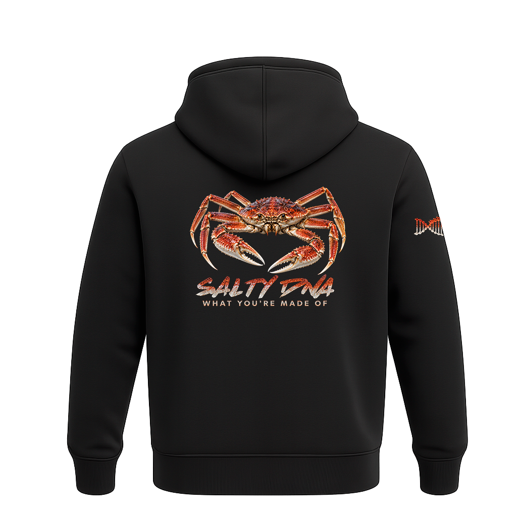 Black Salty Species Snow Crab Hoodie, back view with large orange crab artwork and Salty DNA branding