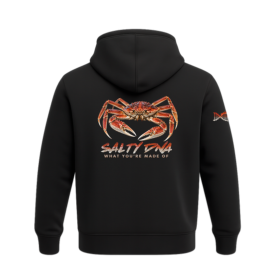 Black Salty Species Snow Crab Hoodie, back view with large orange crab artwork and Salty DNA branding