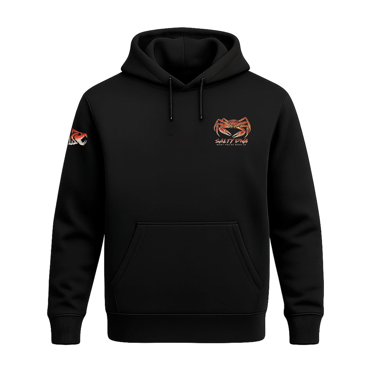 Black Salty Species Snow Crab Hoodie, front view with small orange crab chest artwork, drawstrings and pouch pocket