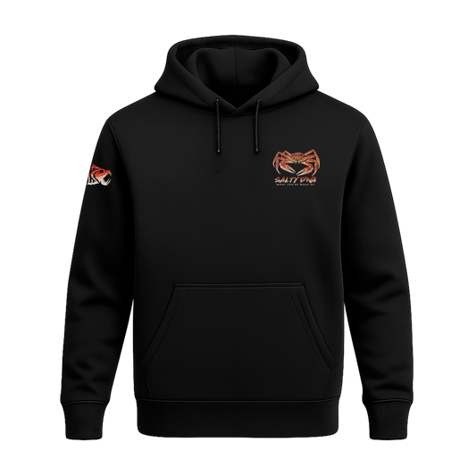 Black Salty Species Snow Crab Hoodie, front view with small orange crab chest artwork, drawstrings and pouch pocket