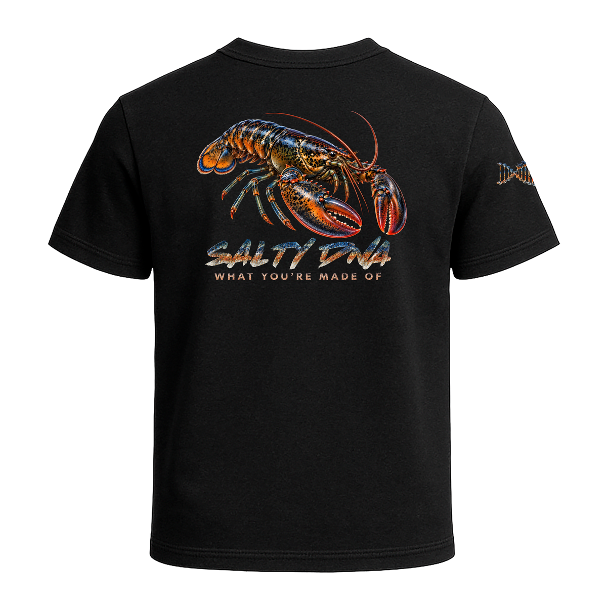 Back of the black Salty Species Lobster T-Shirt with a large blue-and-orange lobster above Salty DNA lettering.