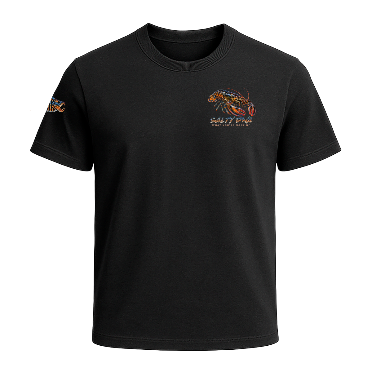 Front of the black Salty Species Lobster T-Shirt with a blue-and-orange lobster chest graphic and matching sleeve logo.