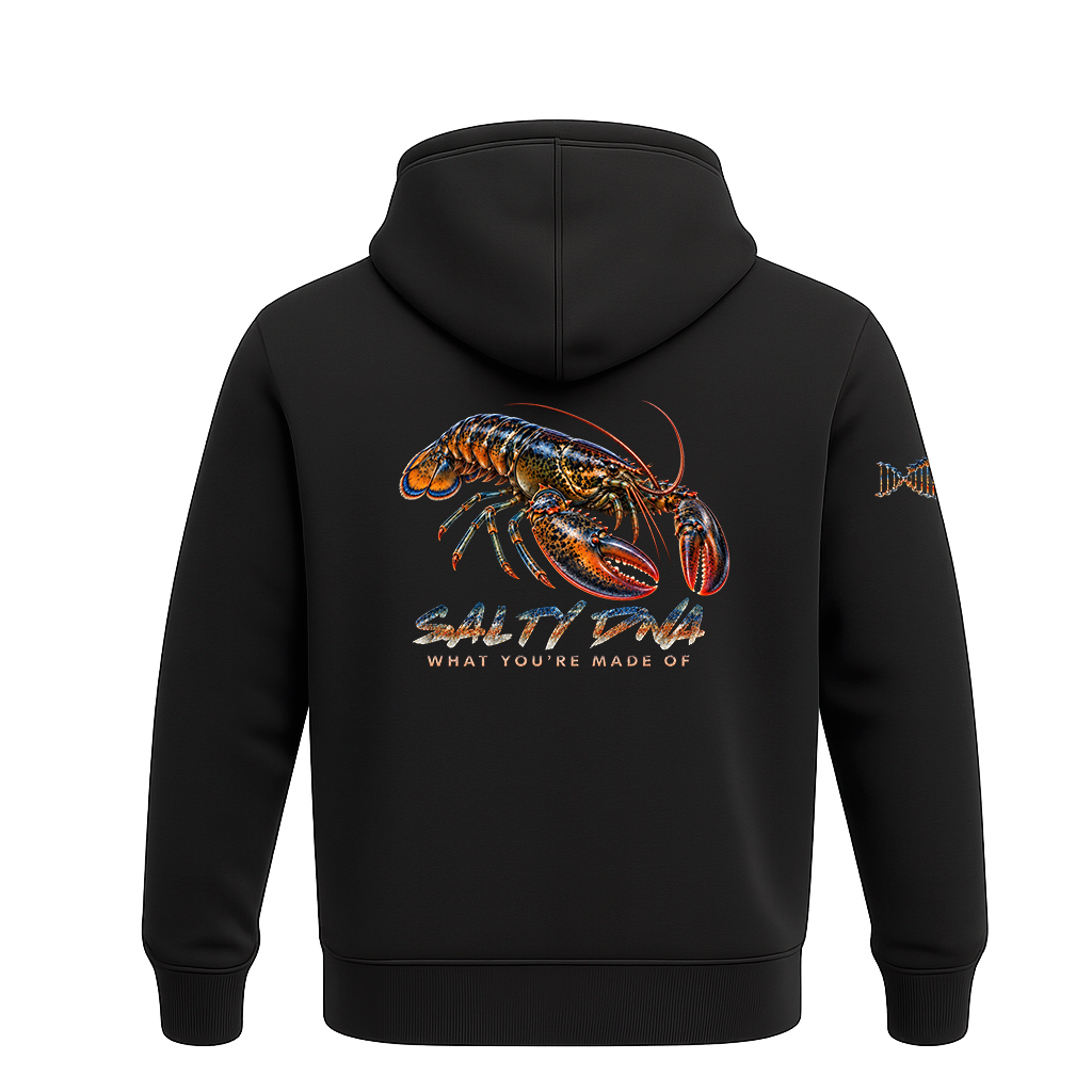 Black Salty Species Lobster Hoodie, back view with large blue-and-orange lobster artwork and Salty DNA branding