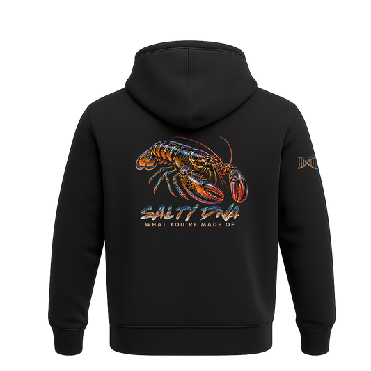 Black Salty Species Lobster Hoodie, back view with large blue-and-orange lobster artwork and Salty DNA branding