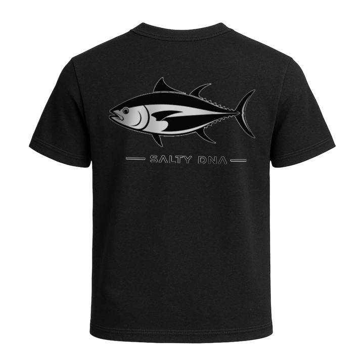 Black t-shirt with a fish graphic and 'Salty DNA' text on a white background