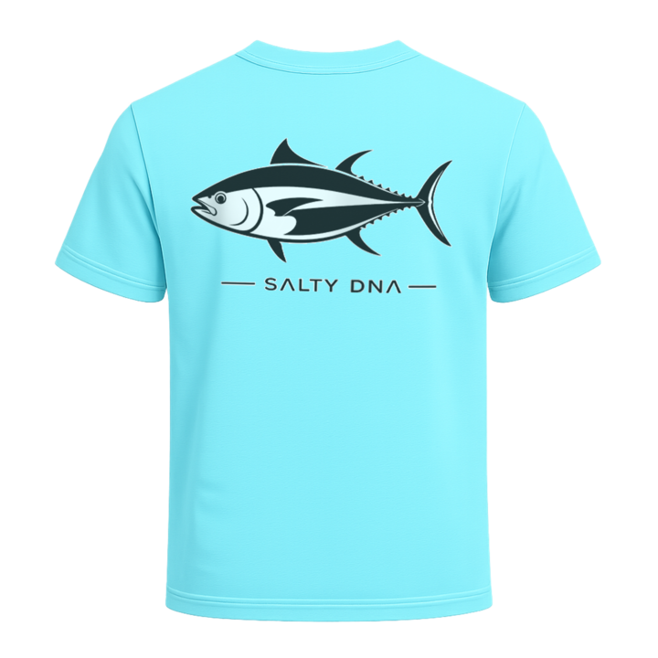 Light blue t-shirt with a fish graphic and 'Salty DNA' text on a white background