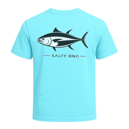 Light blue t-shirt with a fish graphic and 'Salty DNA' text on a white background