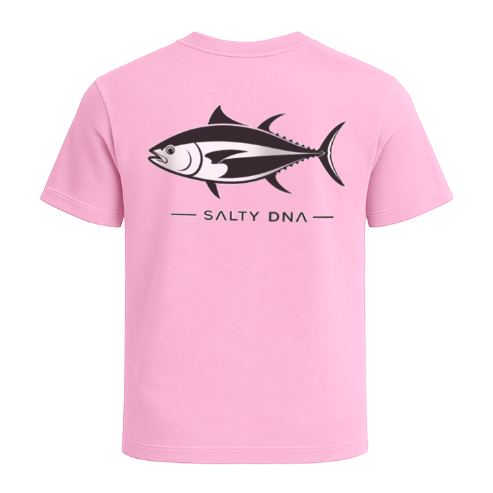 Pink t-shirt with a black fish graphic and 'Salty DNA' text on a white background