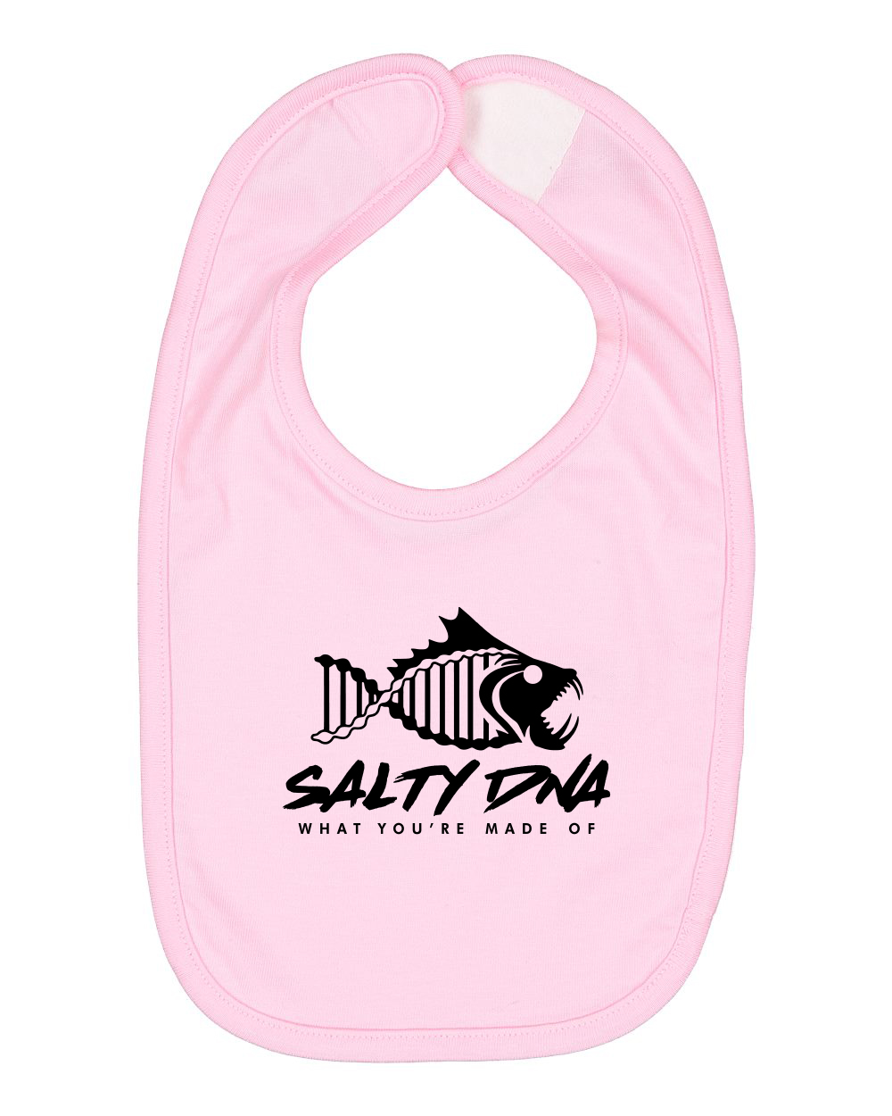 Pink bib with white graphic and text on a white background