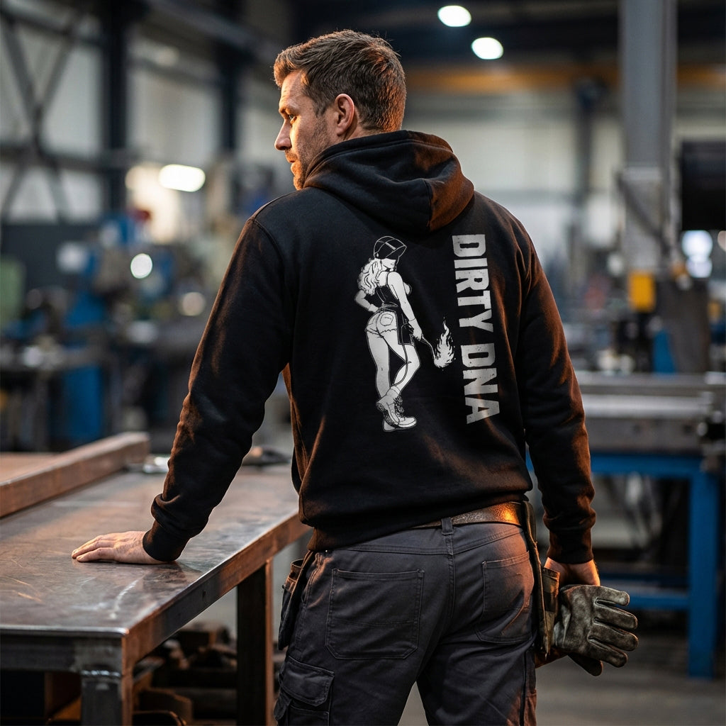 Model wearing the Dirty DNA Welding Girl Hoodie, back view, alternate view 2