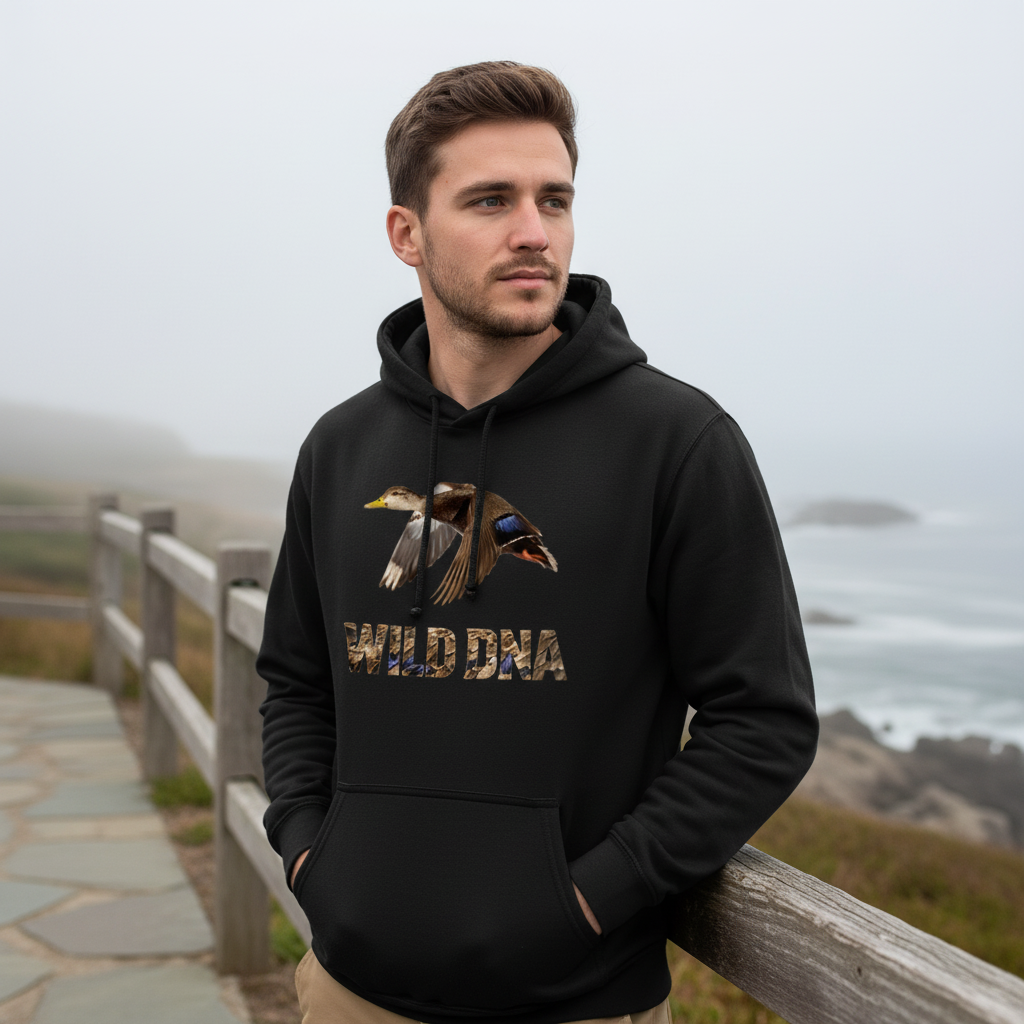 Model wearing the Wild DNA Black Duck Hoodie outdoors