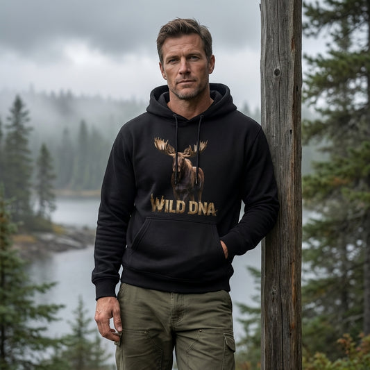 Model wearing the Wild DNA Moose Hoodie outdoors