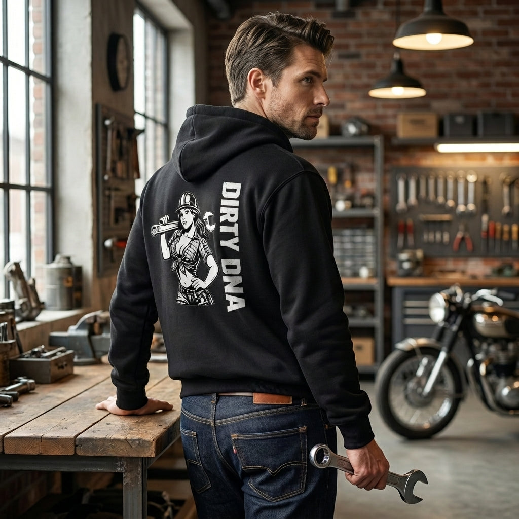 Model wearing the Dirty DNA Mechanic Girl Hoodie, back view