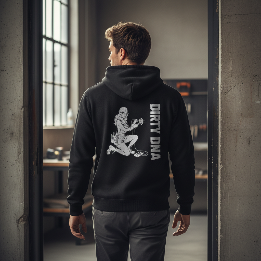Model wearing the Dirty DNA Electrician Girl Hoodie, back view
