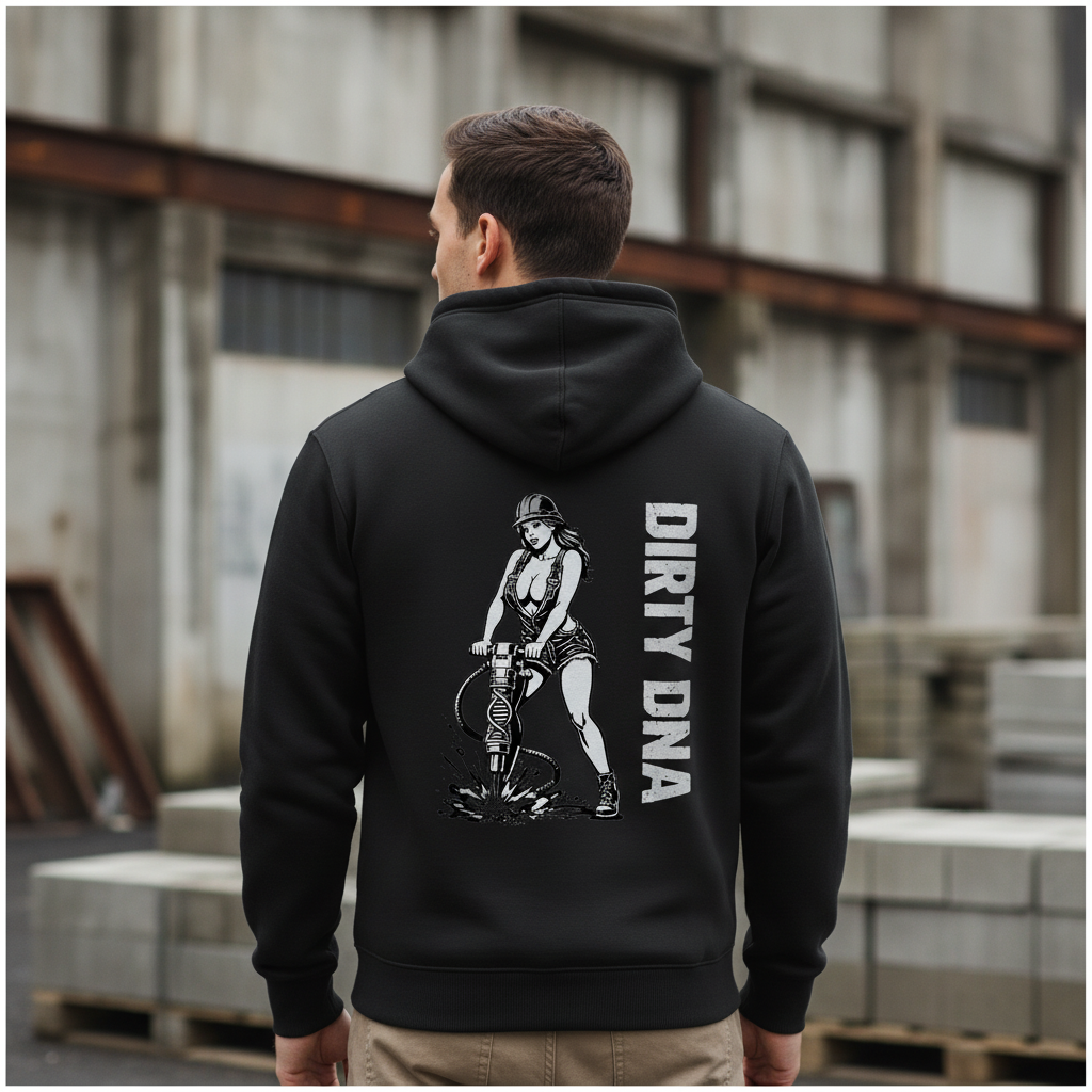 Model wearing the Dirty DNA Construction Girl Hoodie, back view
