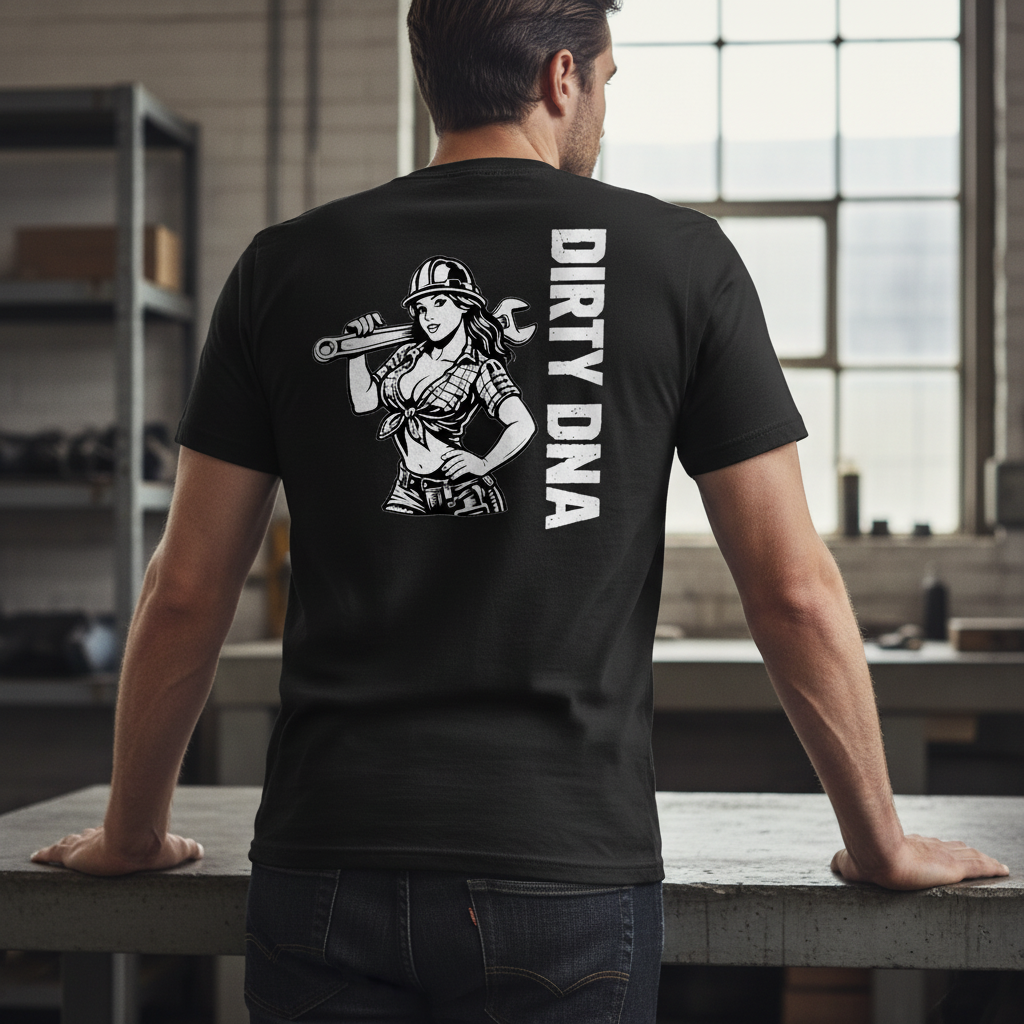 Model wearing the Dirty DNA Mechanic Girl T-Shirt, back view