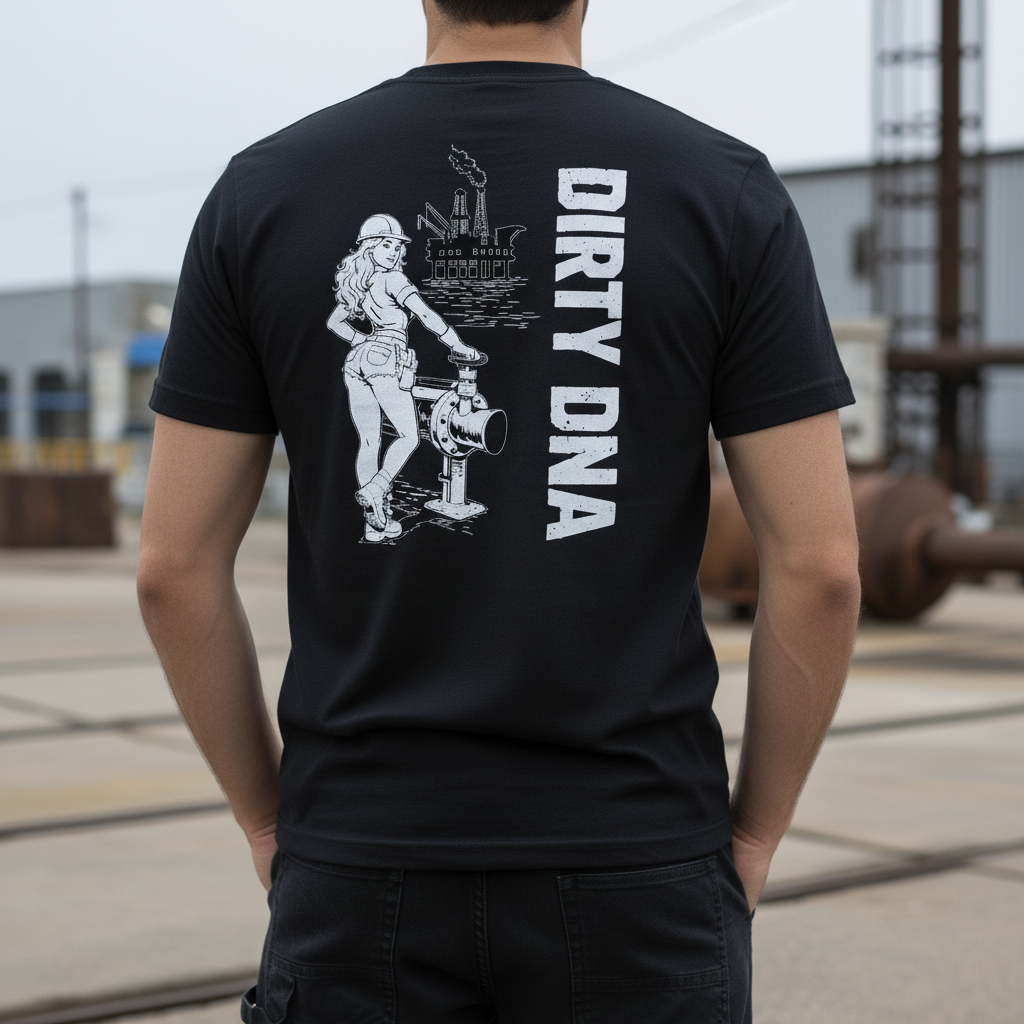 Model wearing the Dirty DNA Oil Rig Girl T-Shirt, back view